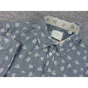 Billy Reid Shirt Mens Med Short Sleeve Blue Ginkgo Leaf Print Button Up Casual